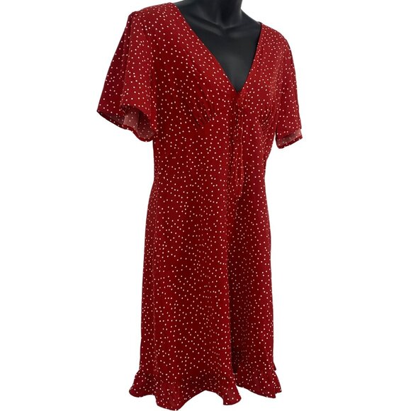 Rihoas Red Polka Dot Ruffle Hem Dress Women Size Medium M V-Neck Ruffle New - Picture 2 of 6